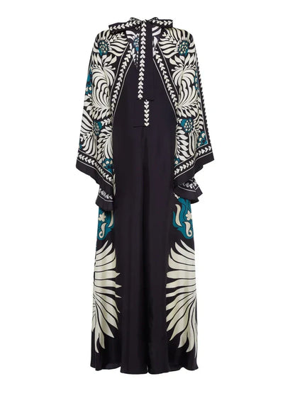 Elegance Floral Print Waterfall Sleeves Maxi Dress